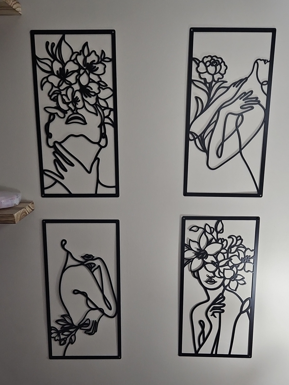 Decorative Black Floral Line Art Wall Panels - Set of 4